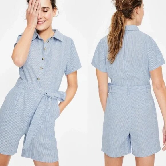 Boden Pants - Boden Lucinda Romper Blue White Striped Linen Cotton Blend